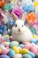 ai genererad vibrerande bakgrund Utsmyckad med en charmig kanin, färgrik ägg, och festlig heja på foto