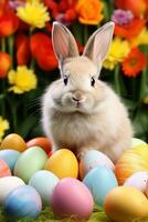 ai genererad vibrerande bakgrund Utsmyckad med en charmig kanin, färgrik ägg, och festlig heja på foto