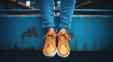 ai genererad kvinna fötter med orange skor foto