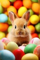 ai genererad en livlig bakgrund med en söt kanin, vibrerande ägg, och lekfull fester foto
