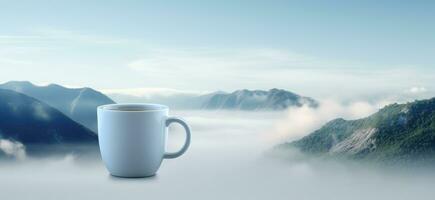 ai genererad kaffe kopp på topp av en berg med dimma foto