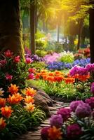 ai genererad levande trädgård med vibrerande blommor, blomstrande växter, och riklig Plats för din meddelande foto
