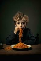 ai genererad söt ung pojke äter spaghetti foto