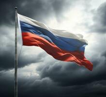 ai genererad en flagga av ryssland vinka på en flaggstång foto