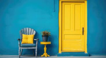 ai genererad en blå och gul dörr och stol mot en blå vägg foto