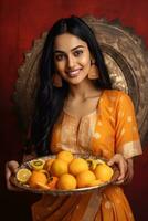 ai genererad en kvinna i en traditionell indisk utrusta, eventuellt en punjabi klänning, är erbjudande en mängd av frukt i en metall skål. foto