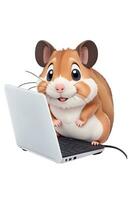ai genererad söt hamster arbetssätt på en dator på en vit bakgrund foto