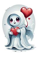 ai genererad spöke med röd hjärta konstverk för älskande på vit bakgrund foto