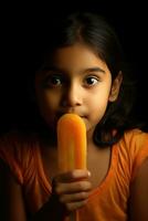 ai genererad en ung indisk flicka njuter ett orange godis foto
