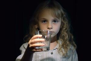 ai genererad en liten flicka drycker vatten från en glas. foto