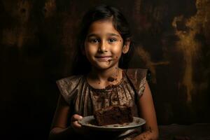 ai genererad en liten flicka njuter en bit av choklad kaka foto