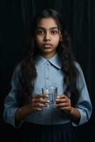 ai genererad en ung flicka innehar en glas av vatten foto