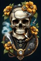 ai genererad steampunk skalle vape stil illustration foto