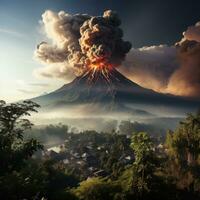 ai genererad ett aktiva vulkan får utbrott och avger varm moln ner till de sluttningar av de fjäll, orsakar ändringar i de Färg av de moln foto