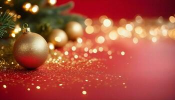 ai genererad jul dekoration gräns med gran grenar och gyllene glitter konfetti och pärlar av lampor fläck bokeh på röd bakgrund. ljus jul och ny år foto