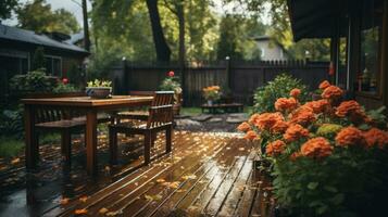 ai genererad lugn posta regn scen med trä- uteplats, regn kysste, frodig flora, lugn atmosfär, omfamnade förbi mjuk ljus i en skötte trädgård. bakgård Hem en plats till koppla av, samla, och sitta. foto