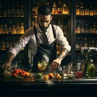 ai genererad bartender är framställning en cocktail i en nattklubb på de bar disken , expert- bartender är framställning cocktails på de bar ai genererad foto