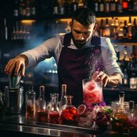 ai genererad bartender är framställning en cocktail i en nattklubb på de bar disken , expert- bartender är framställning cocktails på de bar ai genererad foto