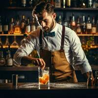 ai genererad bartender är framställning en cocktail i en nattklubb på de bar disken , expert- bartender är framställning cocktails på de bar ai genererad foto