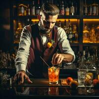 ai genererad bartender är framställning en cocktail i en nattklubb på de bar disken , expert- bartender är framställning cocktails på de bar ai genererad foto