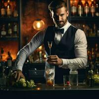 ai genererad bartender är framställning en cocktail i en nattklubb på de bar disken , expert- bartender är framställning cocktails på de bar ai genererad foto