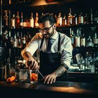 ai genererad bartender är framställning en cocktail i en nattklubb på de bar disken , expert- bartender är framställning cocktails på de bar ai genererad foto