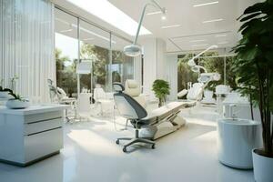 ai genererad modern dental kontor, dental klinik stol i sjukhus säng, rum, stol, fönster, ai genererad foto