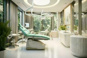 ai genererad modern dental kontor, dental klinik stol i sjukhus säng, rum, stol, fönster, ai genererad foto