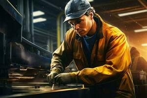 arbete besättning arbetssätt med tung metallurgisk Utrustning, ung manlig tekniker arbetssätt i industri ai genererad foto