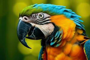 ai genererad stänga upp Foto av ara papegoja, färgrik porträtt av amazon ara papegoja mot djungel. sida se av vild papegoja huvud . vilda djur och växter och regnskog exotisk tropisk fåglar ai genererad