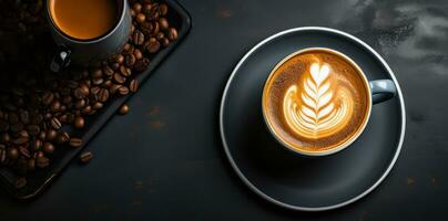 ai genererad kopp av cappuccino med kaffe bönor på de tabell. foto