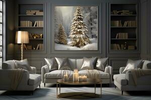 ai genererad jul levande rum möbel uppsättning foto