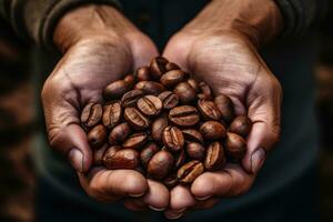 ai genererad händer innehav rostad kaffe bönor. generativ ai foto