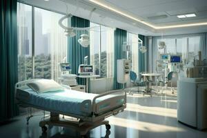 ai genererad modern sjukhus rum med en säng, bekväm medicinsk interiör av ett tömma sjukhus säng och återhämtning rum med säng ai genererad foto