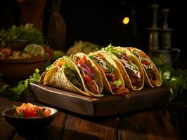 ai genererad utsökt mexikansk tacos med kött och grönsaker. traditionell mat, latin amerikansk, mexikansk kök. fotorealistisk, bakgrund med bokeh effekt. ai genererad. foto