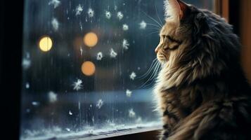 Foto av en katt Sammanträde på en fönsterkarm observera falla. generativ ai