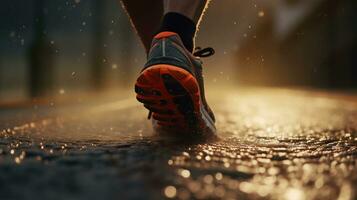 ai genererad idrottare skor medan löpning i de väg. bearbeta, maraton, kämpar, blomstrande, vinnare, joggning foto