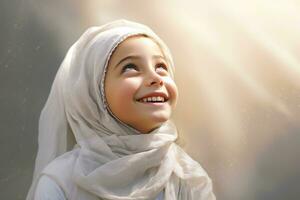 ai genererad ung flicka bär en vit hijab, leende ljust och ser uppåt foto