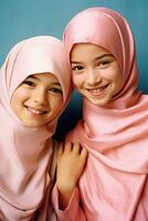 ai genererad två ung flickor bär islamic huvuddukar, leende och Framställ för en bild. foto