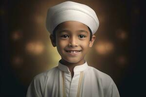 ai genererad en leende ung muslim pojke bär traditionell Kläder - en porträtt foto