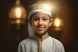 ai genererad ung arab pojke bär traditionell Kläder och en turban foto