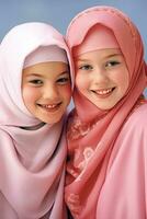 ai genererad två ung flickor bär rosa muslim dräkt, känd som burkas, och leende ljust foto