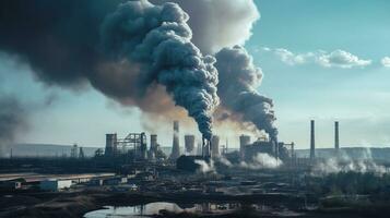 ai genererad en Foto av tät fabrik rök böljande från en stor industriell anläggningen. generativ ai