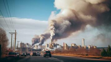 ai genererad en Foto av tät fabrik rök böljande från en stor industriell anläggningen. generativ ai