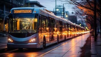 ai genererad en Foto av elektrisk bussar fodrad upp på en stadens centrum genomresa nav. generativ ai