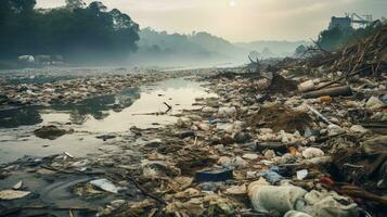 ai genererad en Foto av en förorenad flodbank med kasseras avfall och förorenade vatten. generativ ai