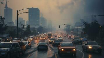 ai genererad en Foto av en upptagen urban genomskärning omslaget i smog och förorening. generativ ai