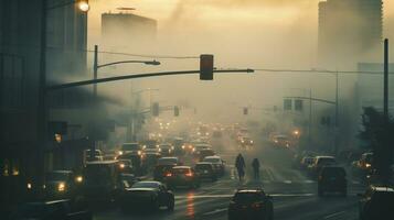 ai genererad en Foto av en upptagen urban genomskärning omslaget i smog och förorening. generativ ai