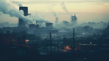 ai genererad en Foto av en stadsbild höljd i tidigt morgon- dimma och fabrik rök. generativ ai