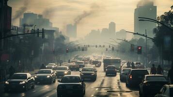 ai genererad en Foto av en upptagen urban genomskärning omslaget i smog och förorening. generativ ai